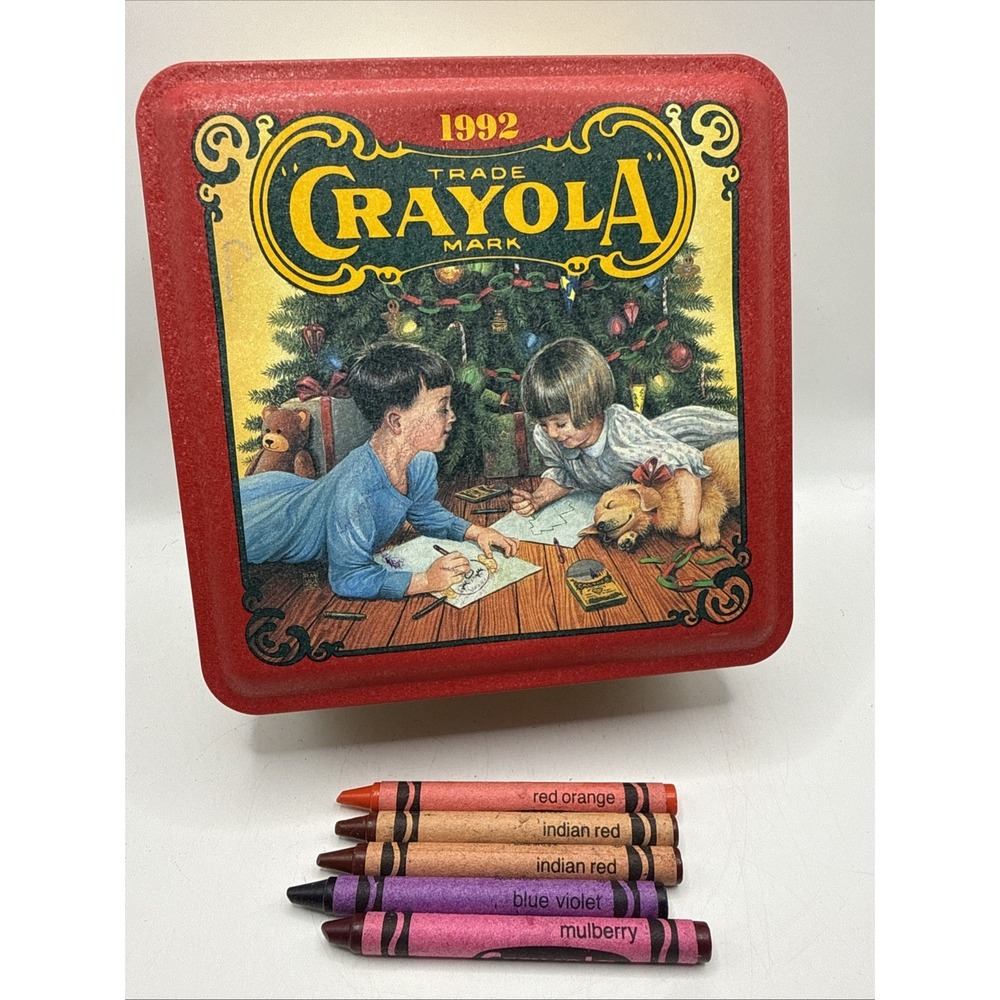1992 Crayola Collectible Holiday Tin Crayola Crayons W/Retired Crayons